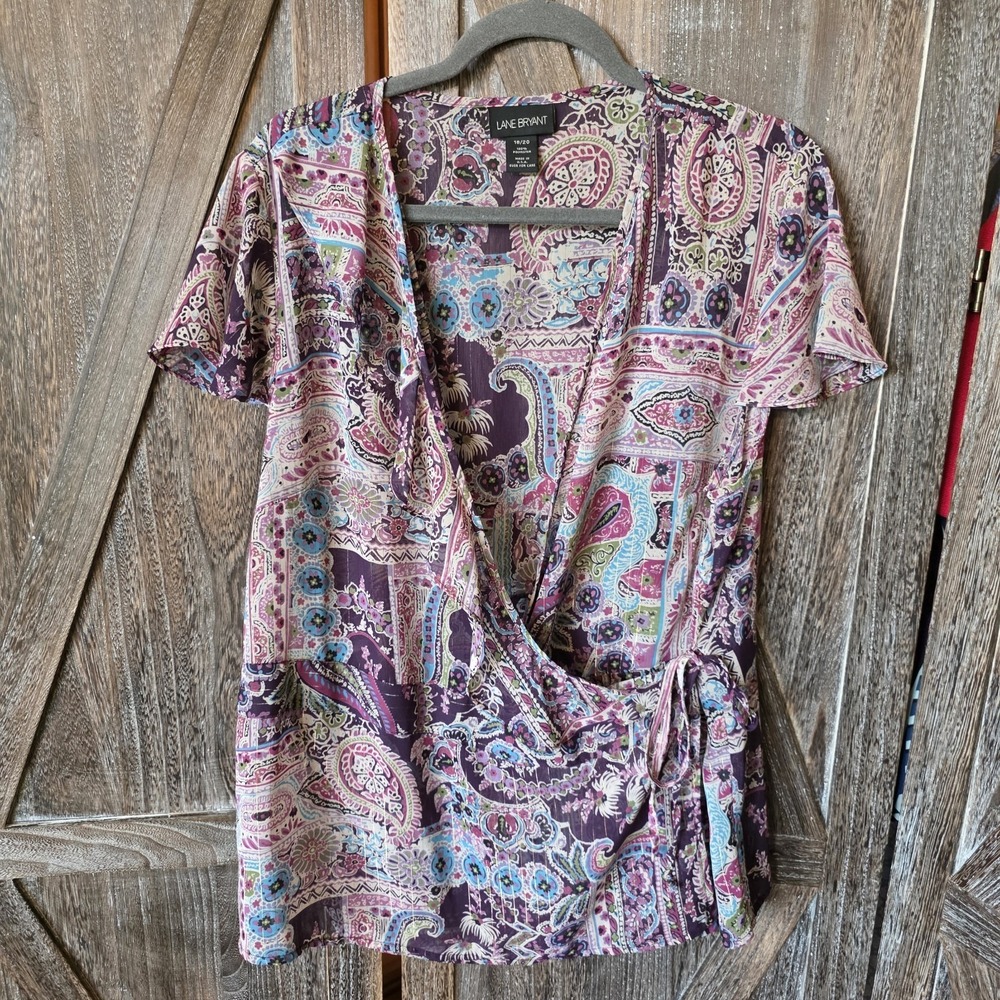 Lane‎ Bryant Shirt Women's Size 18/20 Purple Paisley Floral Wrap Blouse Sheer